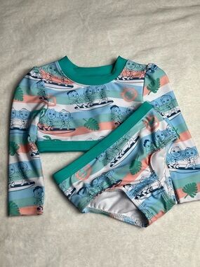Cocomelon Girls Baby Size 12M Blue Green Coco Melon Surf Beach Long Sleeve Swim